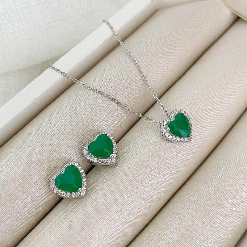 CONJ PT CORAÇÃO VERDE CRAVEJADO 7MM