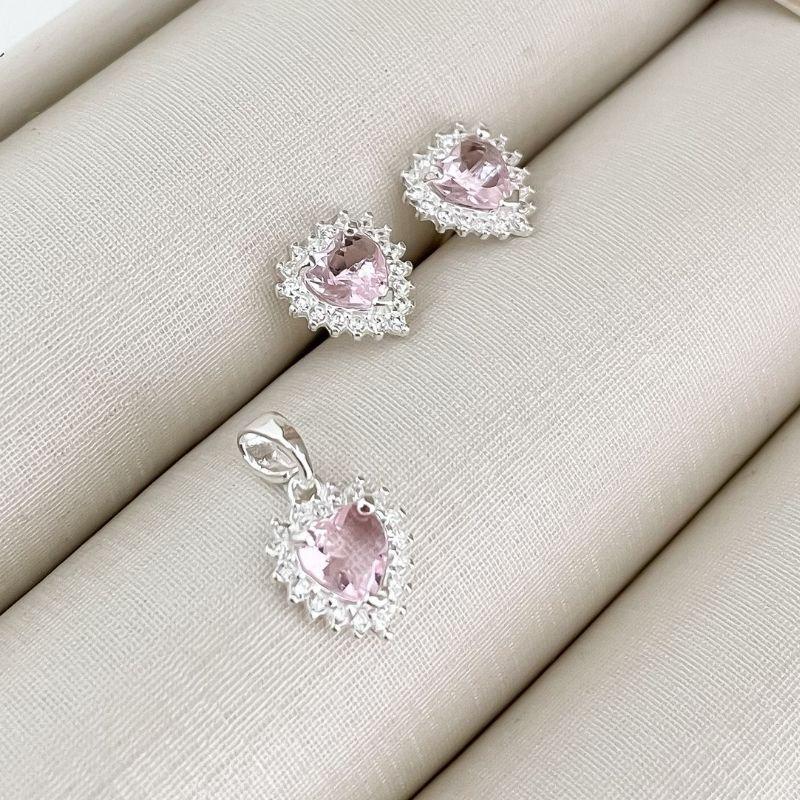 CONJ PT CORAÇÃO ROSA CRAVEJADO